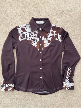 Ranch Dressn Youth “Cattle Drive” Brown & White Rodeo Performance Top Sz Small